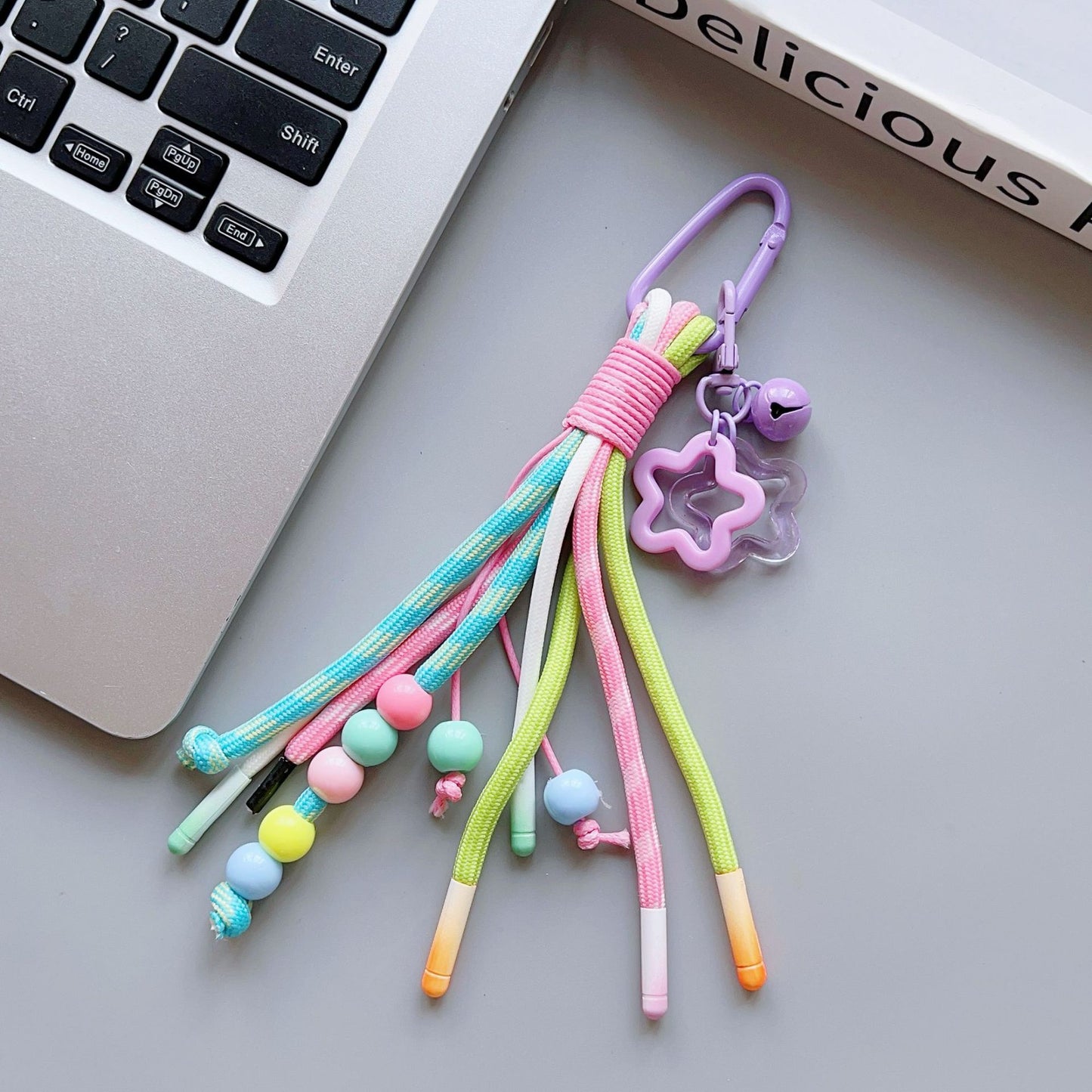 Rainbow Beaded Keychain with Star Charm - Handmade Color-Block Strap for Fresh, Fun Vibes