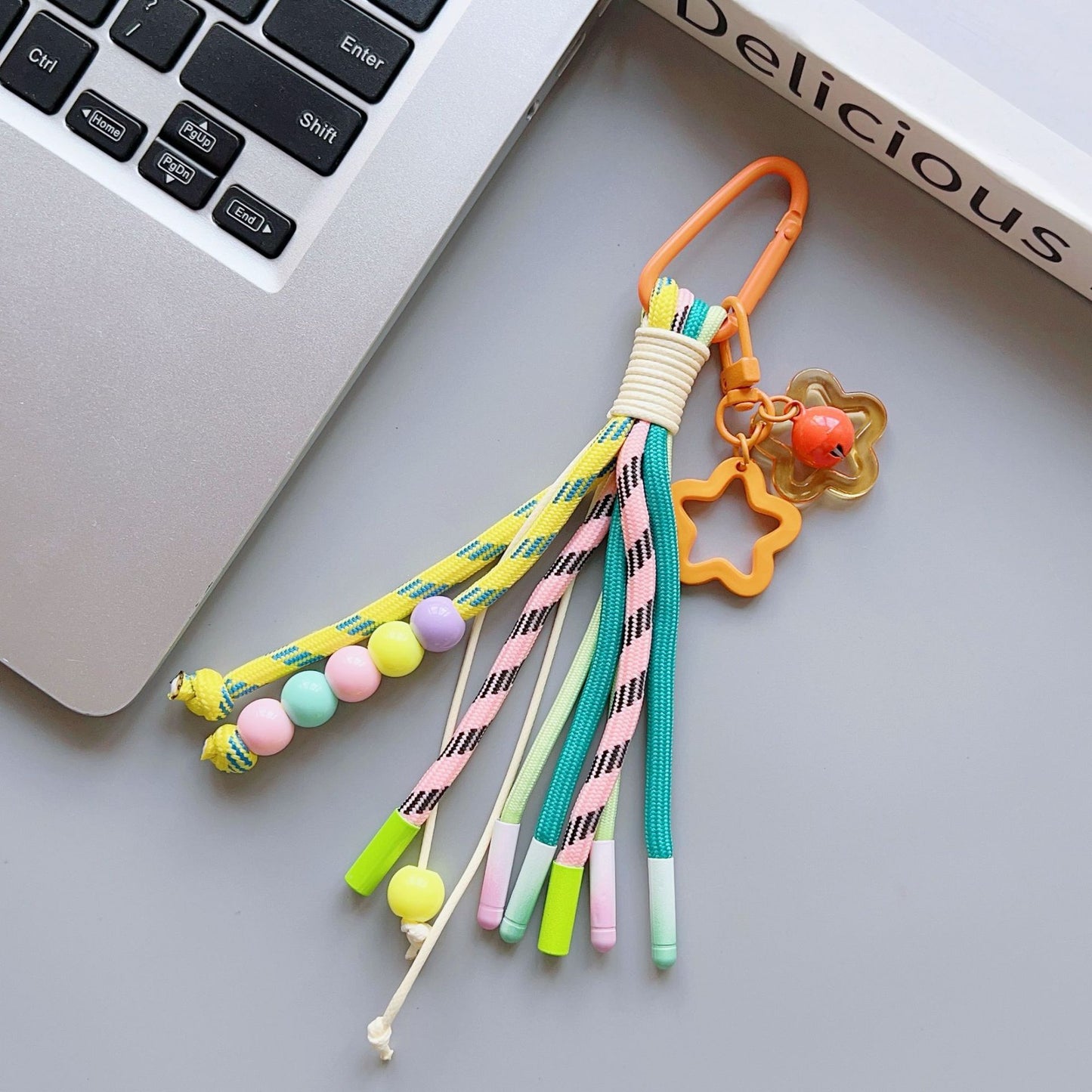 Rainbow Beaded Keychain with Star Charm - Handmade Color-Block Strap for Fresh, Fun Vibes