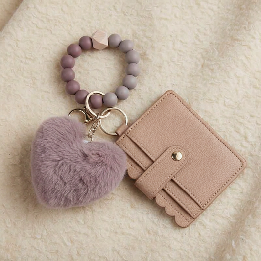Fluffy Heart Charm Bracelet Card Case Set