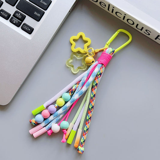 Rainbow Beaded Keychain with Star Charm - Handmade Color-Block Strap for Fresh, Fun Vibes