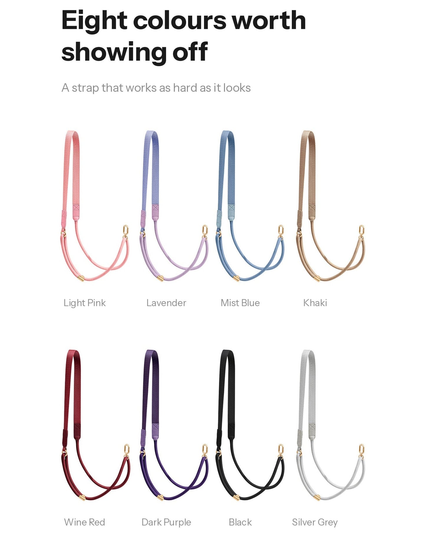 A color-options graphic showing eight strap colors labeled Light Pink, Lavender, Mist Blue, Khaki, Wine Red, Dark Purple, Black, and Silver Grey, each displayed as a strap with gold-tone hardware on a white background under the headline 'Eight colours worth showing off'.