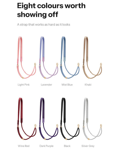 A color-options graphic showing eight strap colors labeled Light Pink, Lavender, Mist Blue, Khaki, Wine Red, Dark Purple, Black, and Silver Grey, each displayed as a strap with gold-tone hardware on a white background under the headline 'Eight colours worth showing off'.