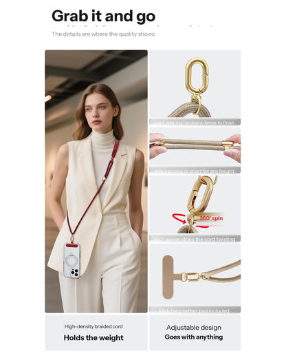 A promotional collage for a beige woven shoulder bag strap with gold-tone hardware. The left panel shows a woman wearing the strap with a phone case, while the right panels show close-up feature demonstrations of the strap's clasp, adjustability, and weight support.
