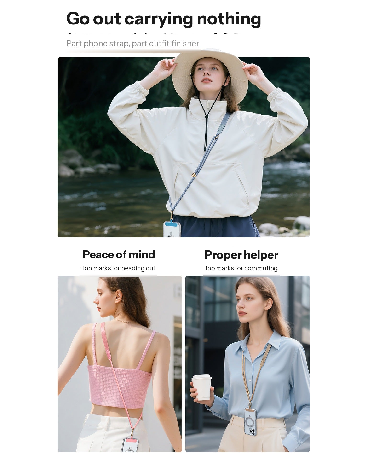 A promotional collage for a phone strap and outfit accessory. The top panel shows a woman outdoors wearing a wide-brim hat and light jacket while carrying a blue crossbody phone strap with a clear ID holder.