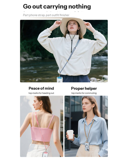 A promotional collage for a phone strap and outfit accessory. The top panel shows a woman outdoors wearing a wide-brim hat and light jacket while carrying a blue crossbody phone strap with a clear ID holder.