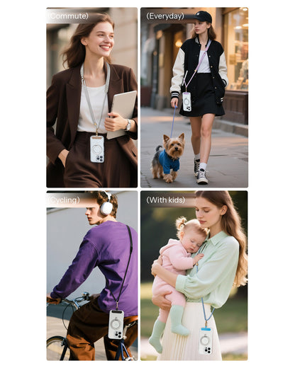 A four-panel collage showing a small rectangular wearable device worn at the waist or crossbody in different lifestyle scenarios: commuting, everyday walking with a dog, cycling, and carrying a baby.