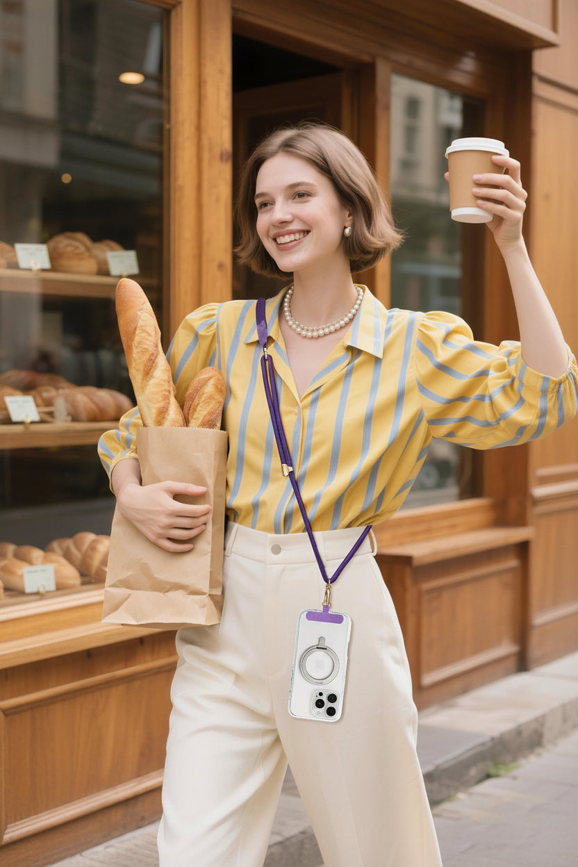 A woman stands on a street in front of a bakery, wearing a yellow and blue striped button-up shirt and cream trousers. She holds a brown paper bag of baguettes and a paper coffee cup, with a purple lanyard holding a white phone case with a ring light around her neck.