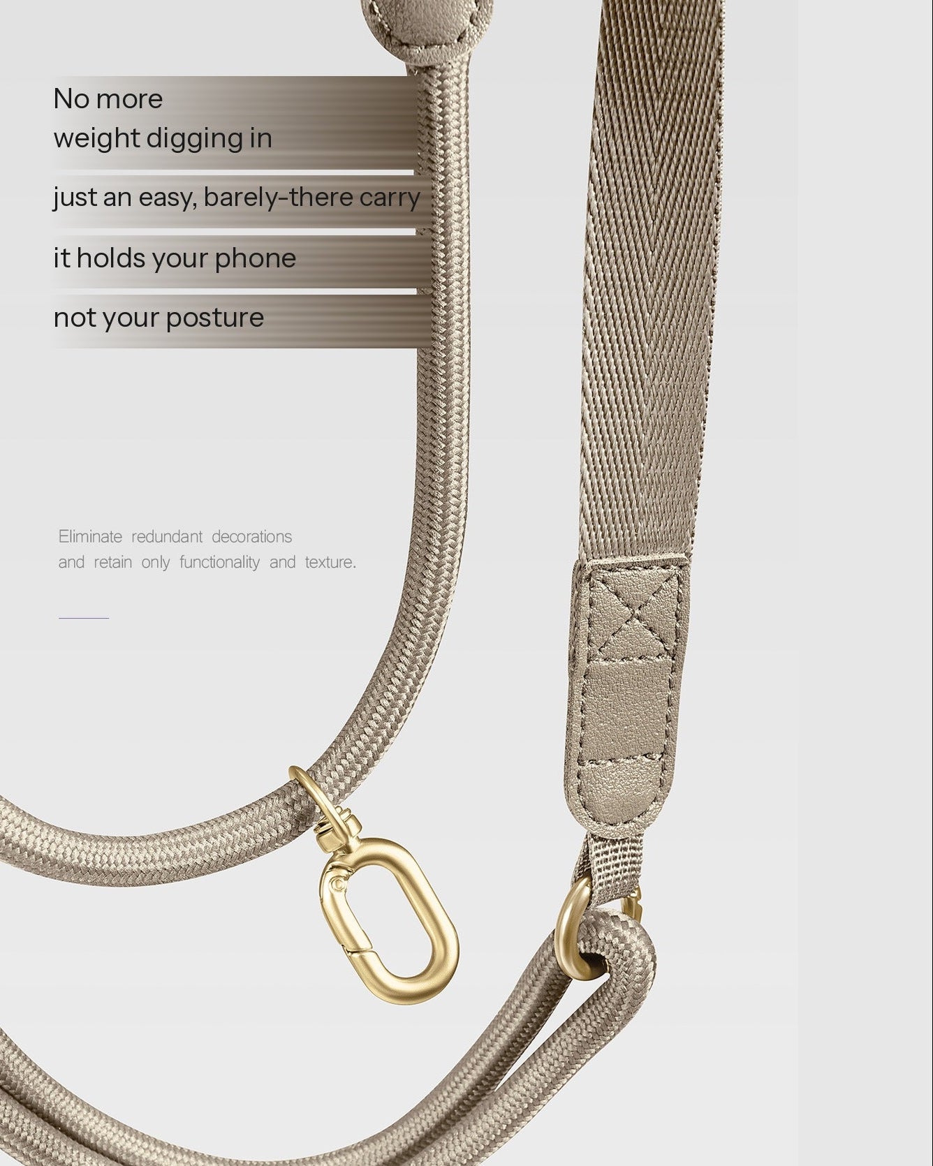 Beige woven phone strap with a gold metal carabiner clip, shown against a light gray background with promotional text on the left.