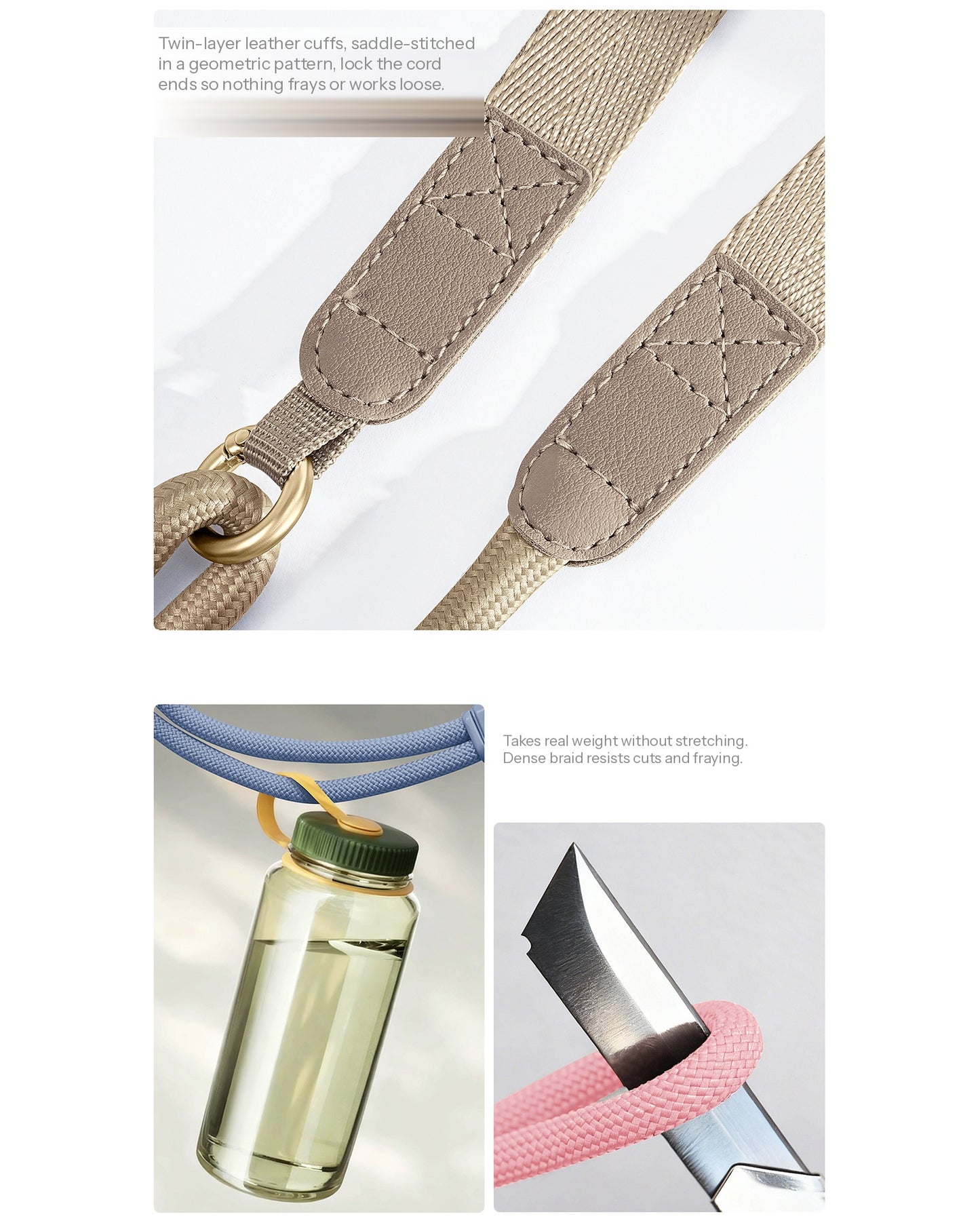A composite product showcase of a beige woven strap accessory with stitched leather-like sections and a gold-tone metal ring. The top panel shows the strap close-up on a white background with a small text callout.