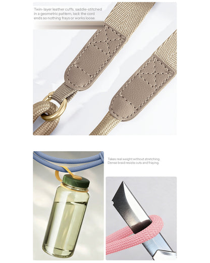 A composite product showcase of a beige woven strap accessory with stitched leather-like sections and a gold-tone metal ring. The top panel shows the strap close-up on a white background with a small text callout.