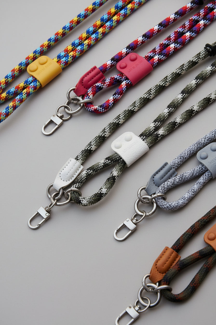 Collection of colorful braided lanyards with various attachments on a concrete surface.