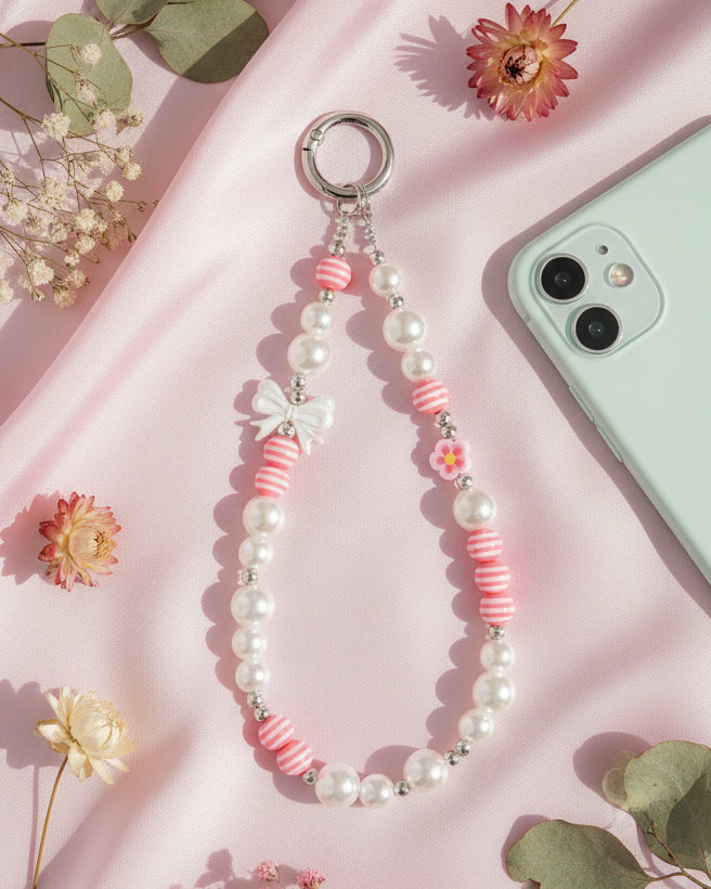 Pink striped pearl beaded phone charm wristlet with flower and bow charm