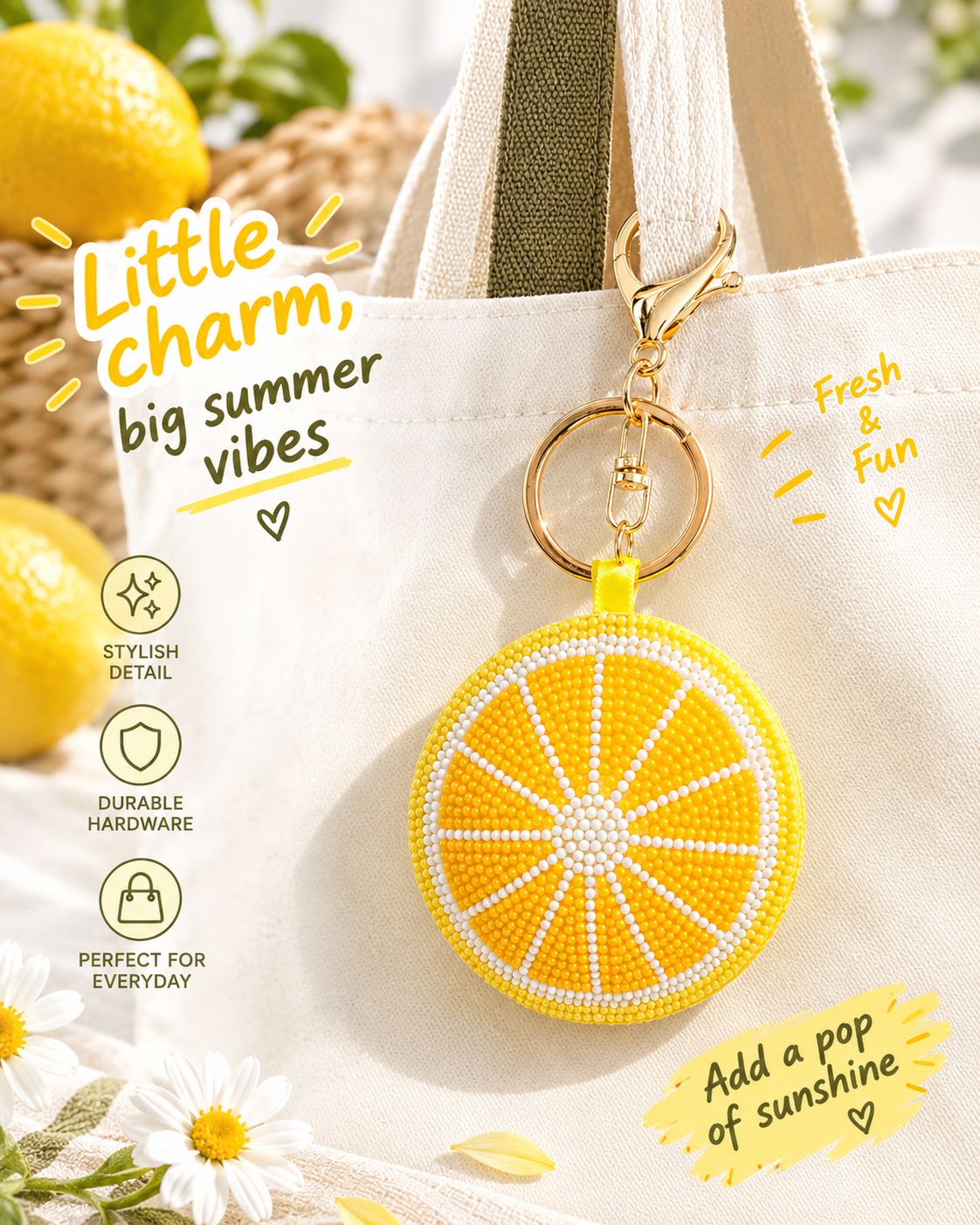 Beaded Lemon Slice Bag Charm & Keyring – Handmade Fruit Charm for Bags, Totes & Keys