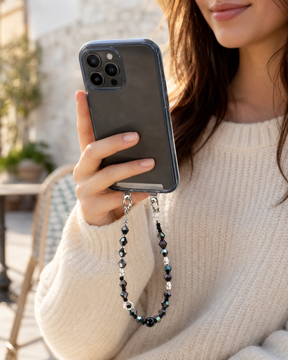 Iridescent Black Crystal Beaded Phone Charm Strap