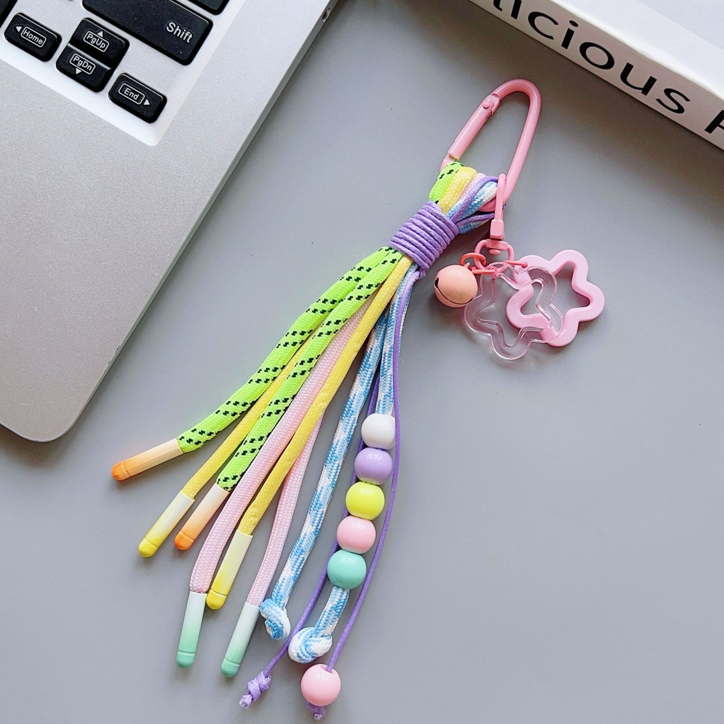 Rainbow Beaded Keychain with Star Charm - Handmade Color-Block Strap for Fresh, Fun Vibes