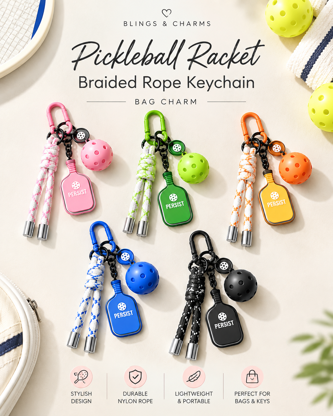 Pickleball Racket Braided Rope Keychain Bag Charm