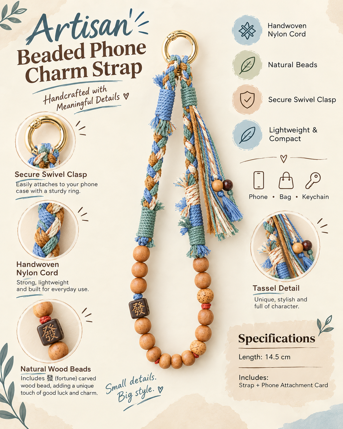 Artisan Beaded Phone Earth Charm Strap