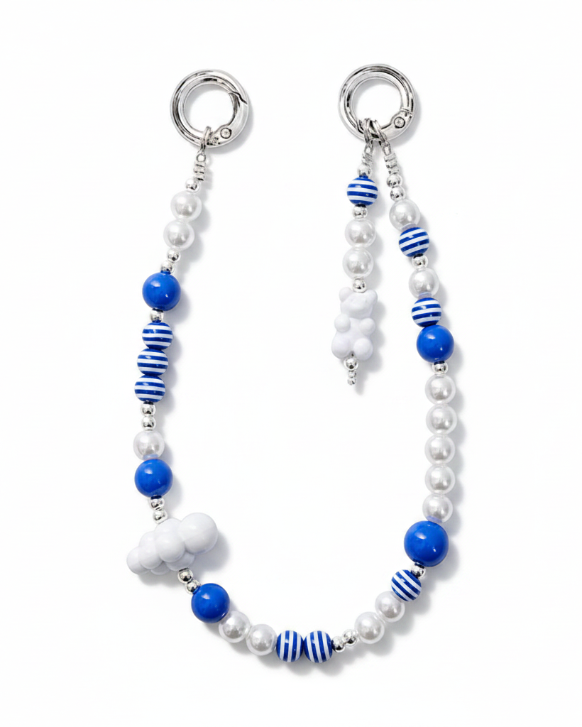Blue & White Cloud Beaded Phone Charm Strap