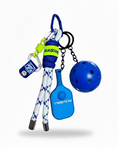 Clean product photo of blue pickleball keychain on white background
