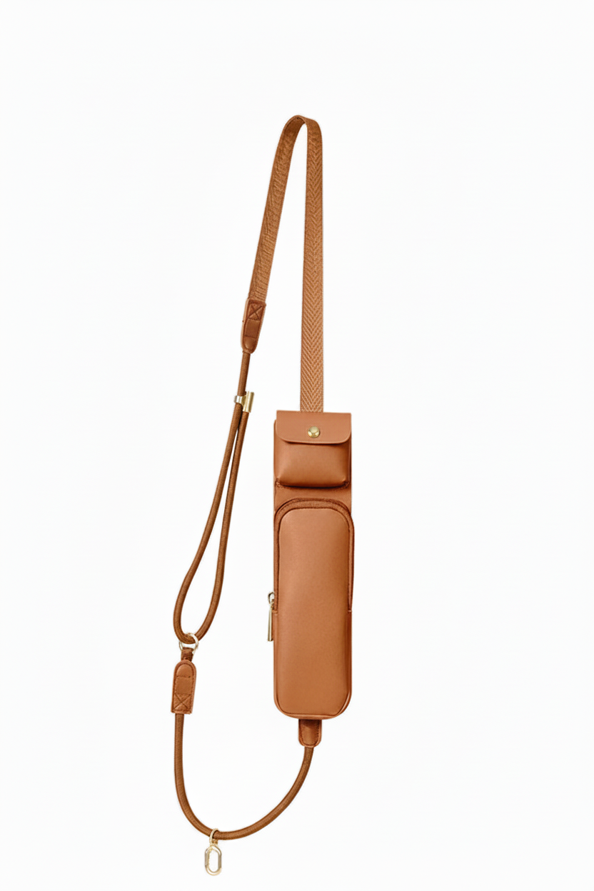Caramel tan multifunction crossbody phone pouch with adjustable shoulder strap, top flap pocket, front zippered compartment, and gold-tone hardware on white background