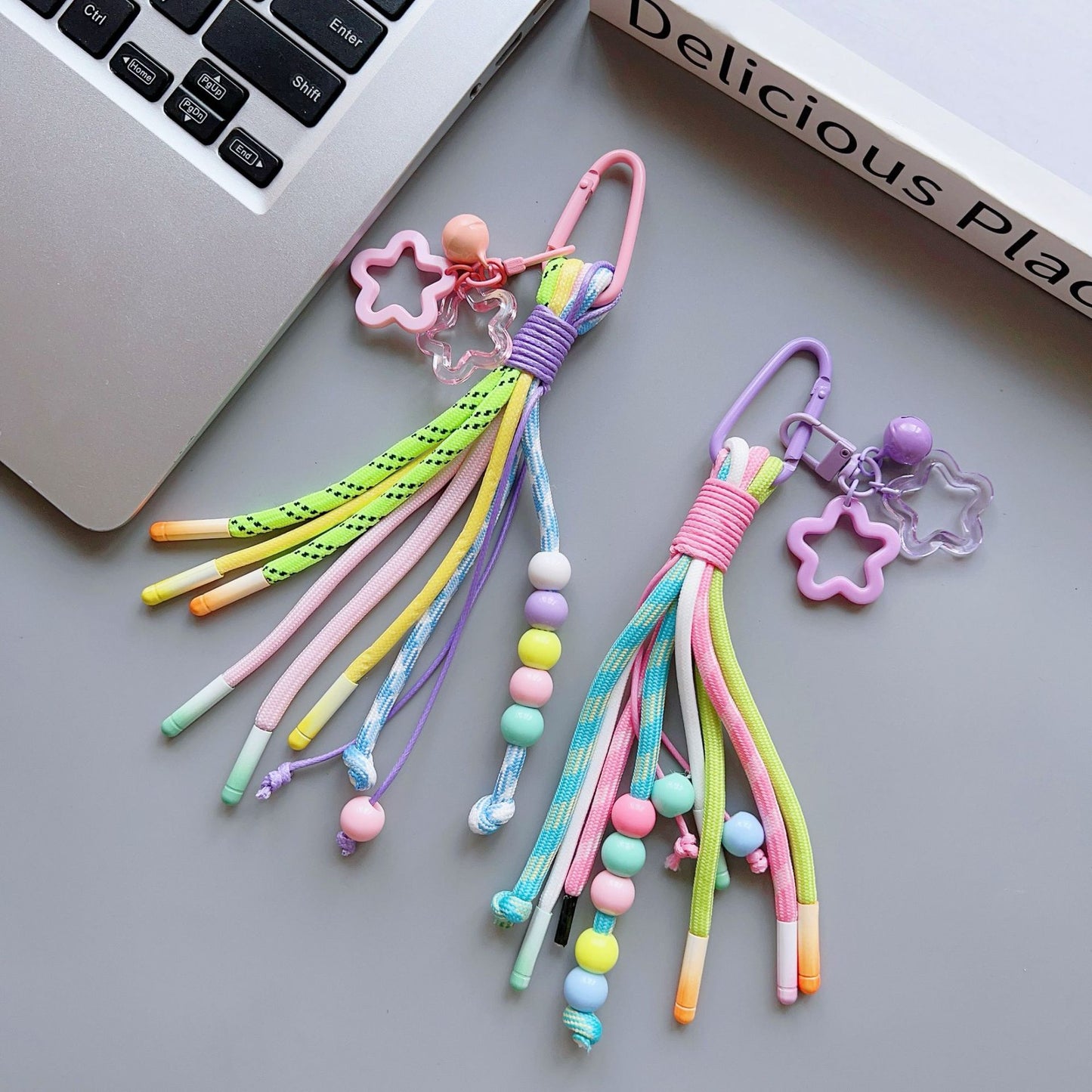 Rainbow Beaded Keychain with Star Charm - Handmade Color-Block Strap for Fresh, Fun Vibes