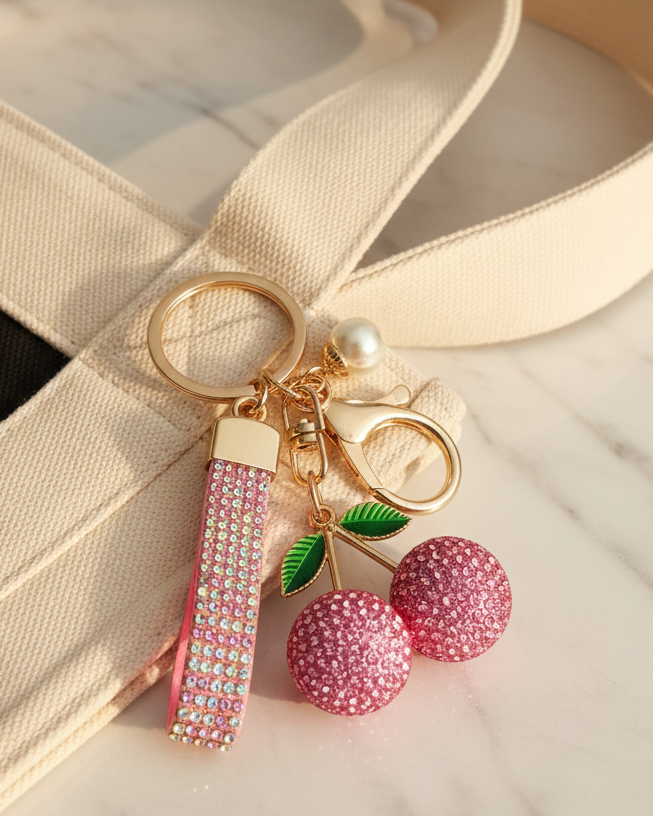 Diamante Cherry Keychain Pink Lifestyle