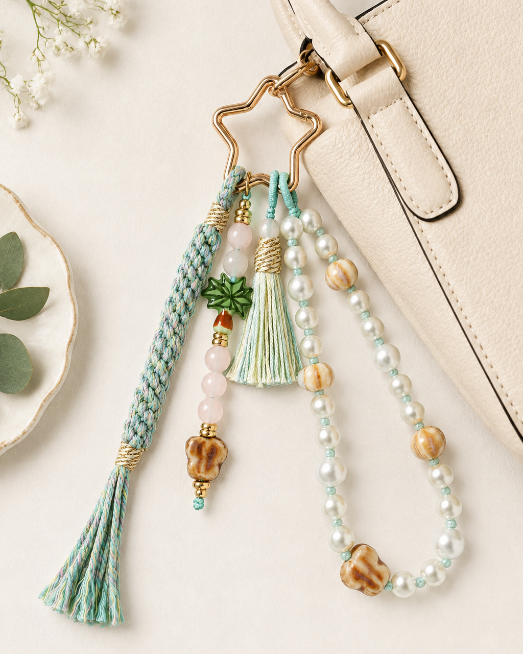 Flatlay of star charm keychain styled with a handbag