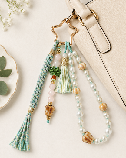 Flatlay of star charm keychain styled with a handbag