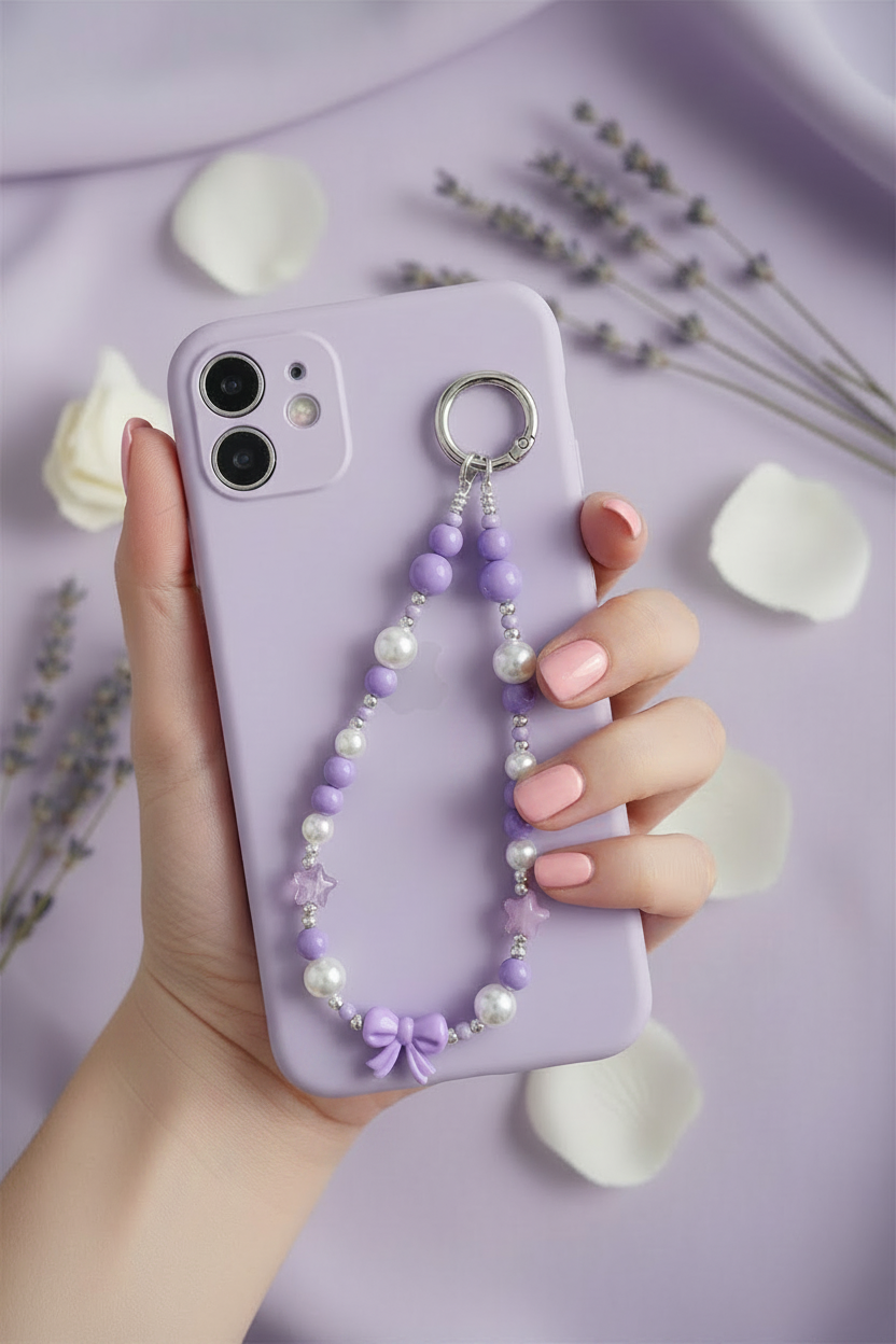 Purple Beaded Phone Charm Wristlet Clean Product Shot