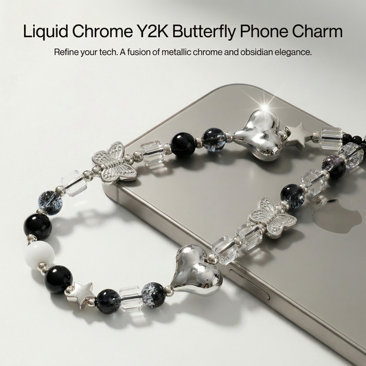 Liquid Chrome Y2K Butterfly Phone Charm – Metallic Silver & Obsidian Beaded Wrist Strap – Cyber-Goth Heart & Star Aesthetic Phone Lanyard with Universal Tether Tab