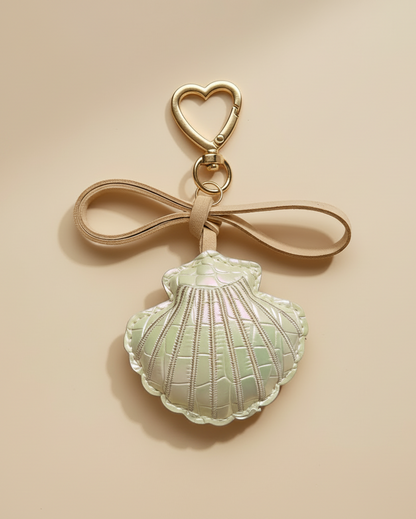 Shell keychain charm on a clean beige background