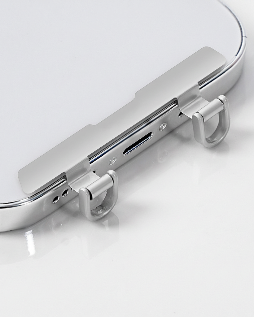 Silver Dual D-Ring Attachment on White Phone Case