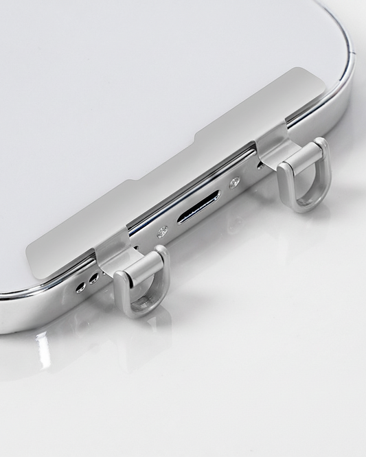 Silver Dual D-Ring Attachment on White Phone Case
