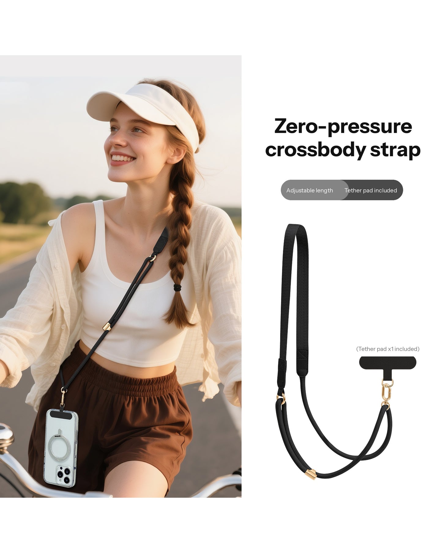 Adjustable Crossbody Phone Strap – 130cm Braided Lanyard with Flat Shoulder Pad & Free Tether Tab