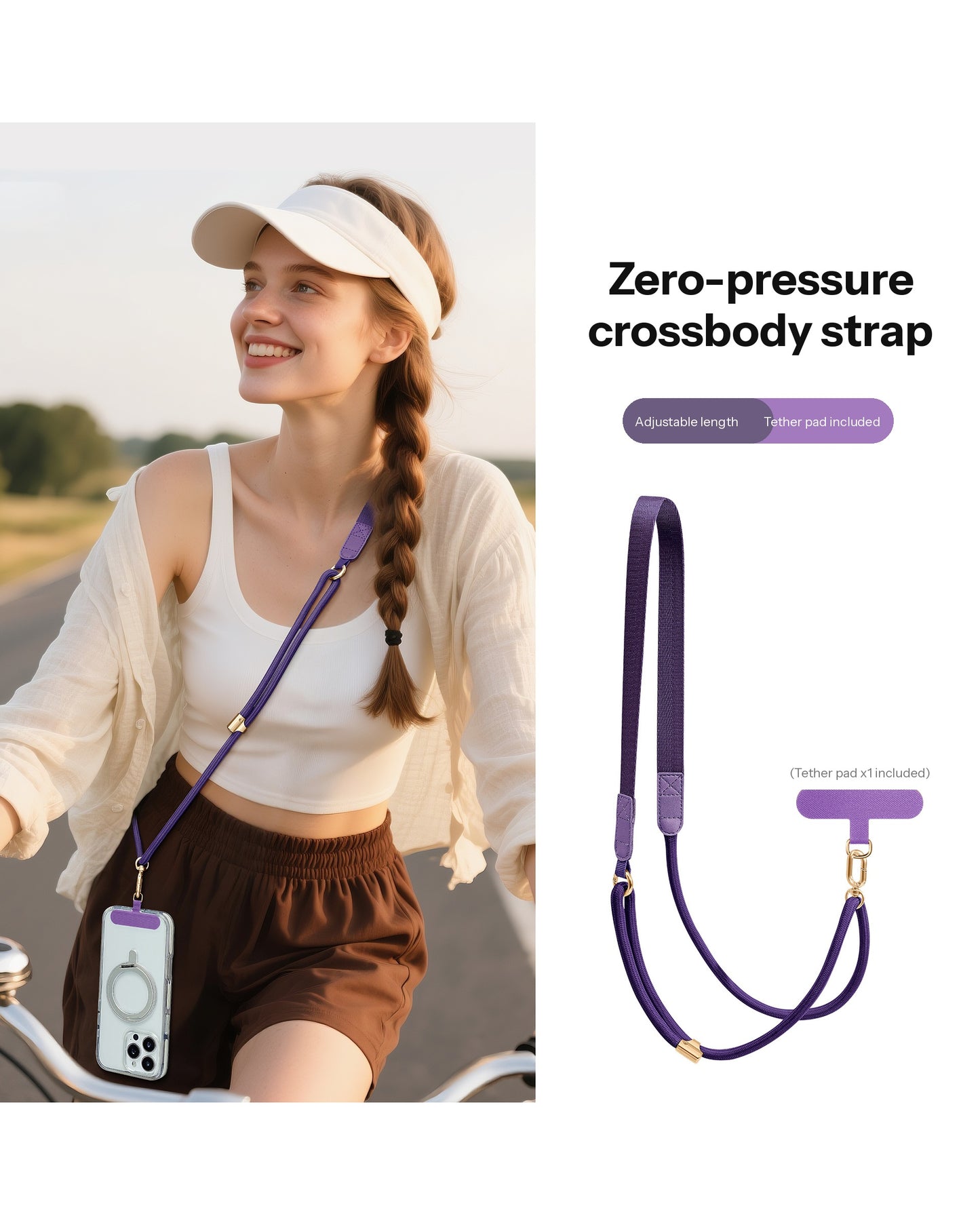Adjustable Crossbody Phone Strap – 130cm Braided Lanyard with Flat Shoulder Pad & Free Tether Tab