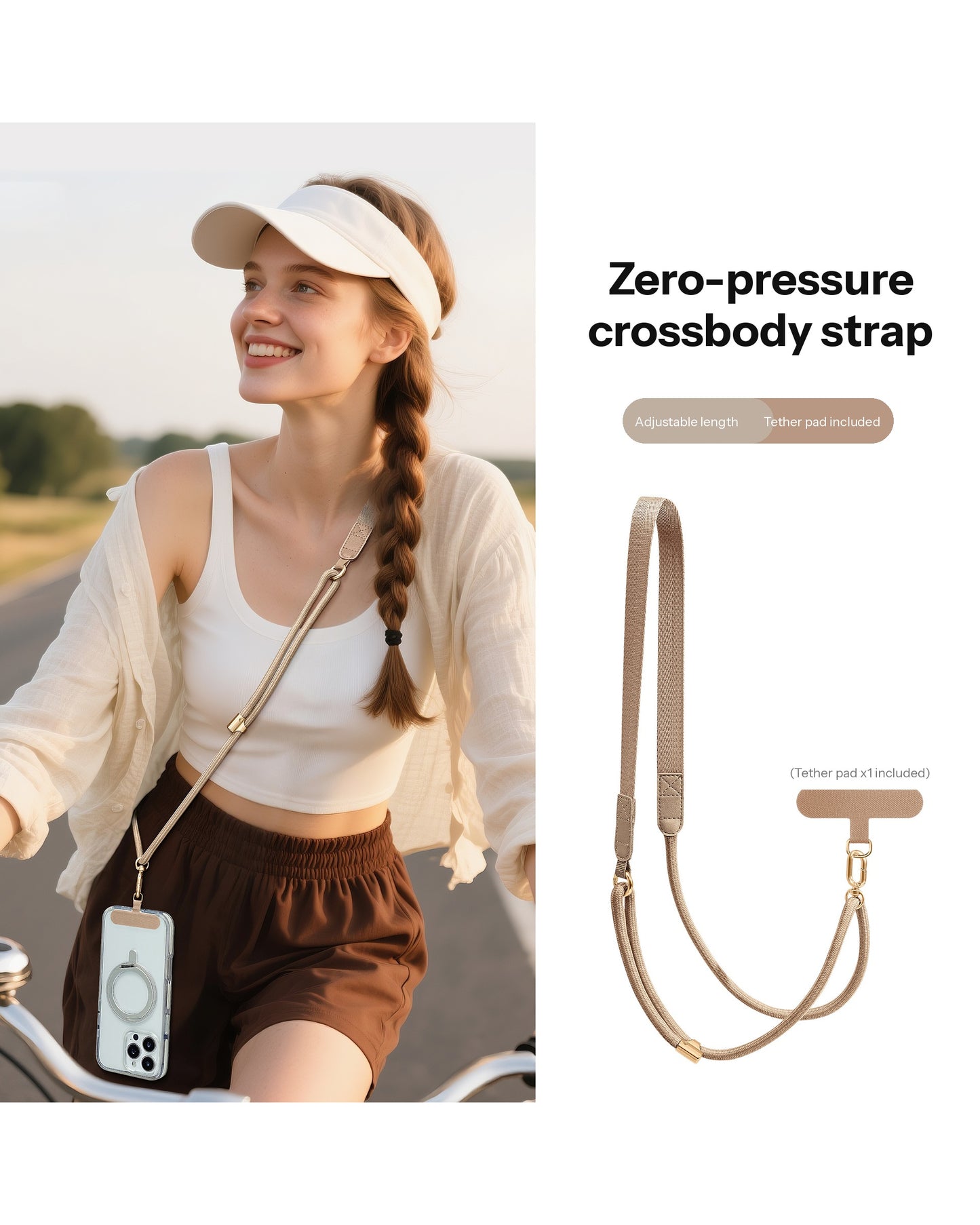 Adjustable Crossbody Phone Strap – 130cm Braided Lanyard with Flat Shoulder Pad & Free Tether Tab