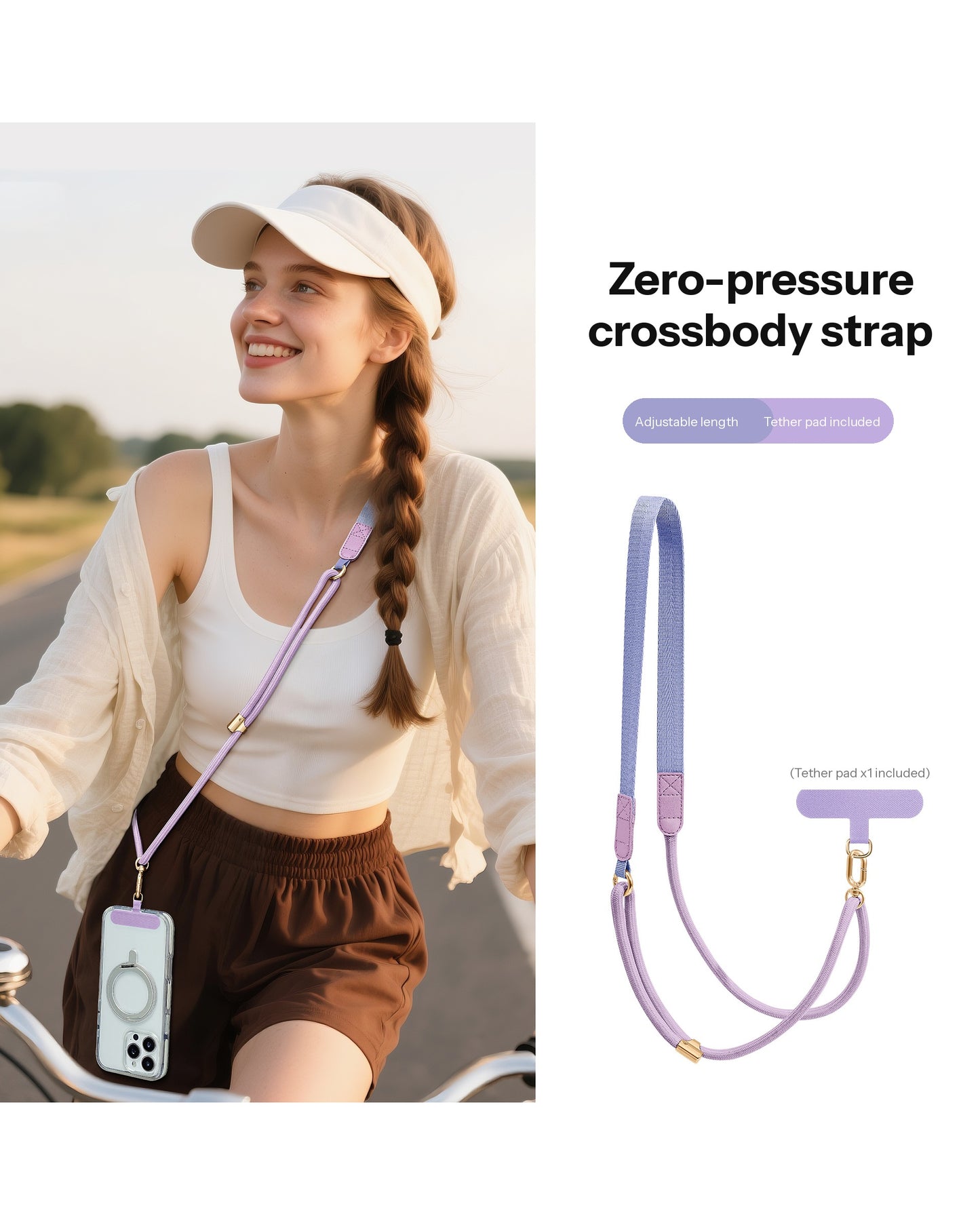 Adjustable Crossbody Phone Strap – 130cm Braided Lanyard with Flat Shoulder Pad & Free Tether Tab