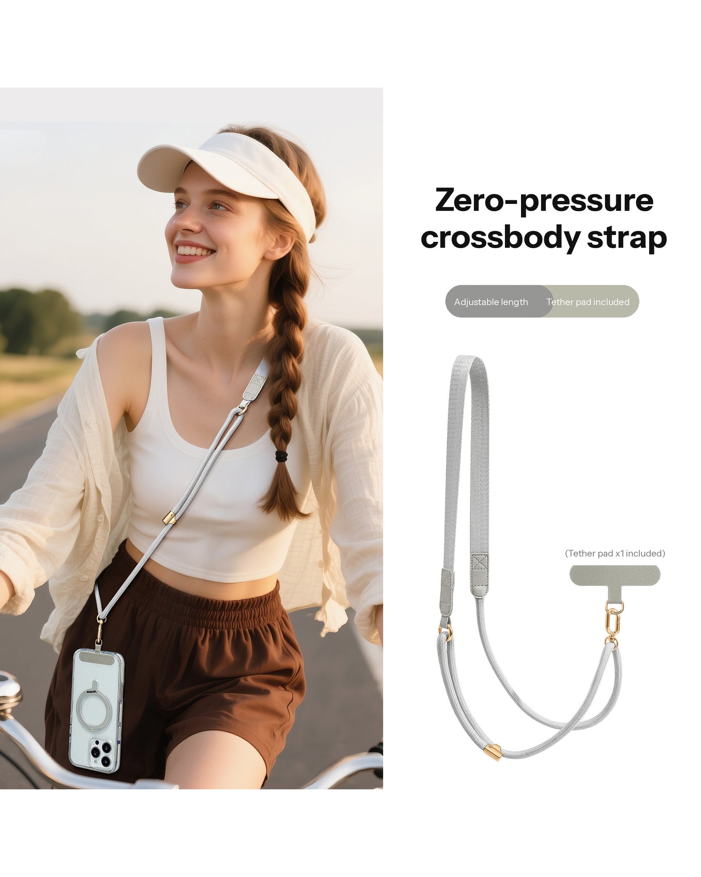 Adjustable Crossbody Phone Strap – 130cm Braided Lanyard with Flat Shoulder Pad & Free Tether Tab