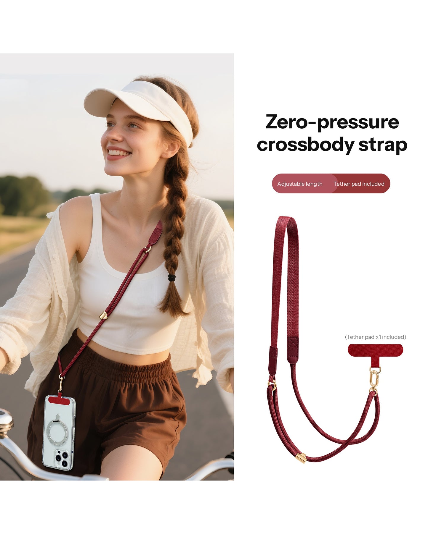 Adjustable Crossbody Phone Strap – 130cm Braided Lanyard with Flat Shoulder Pad & Free Tether Tab